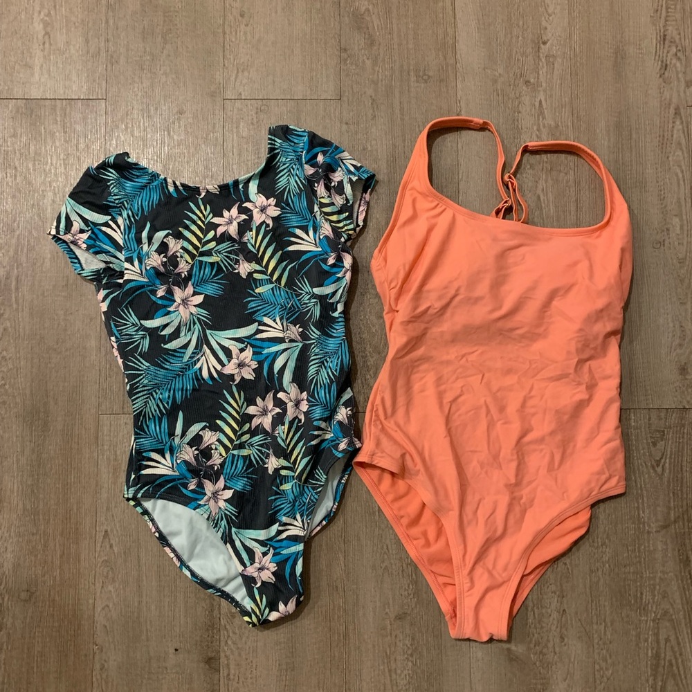 Target Women One-Piece Swimsuits - Black Floral & Coral Orange